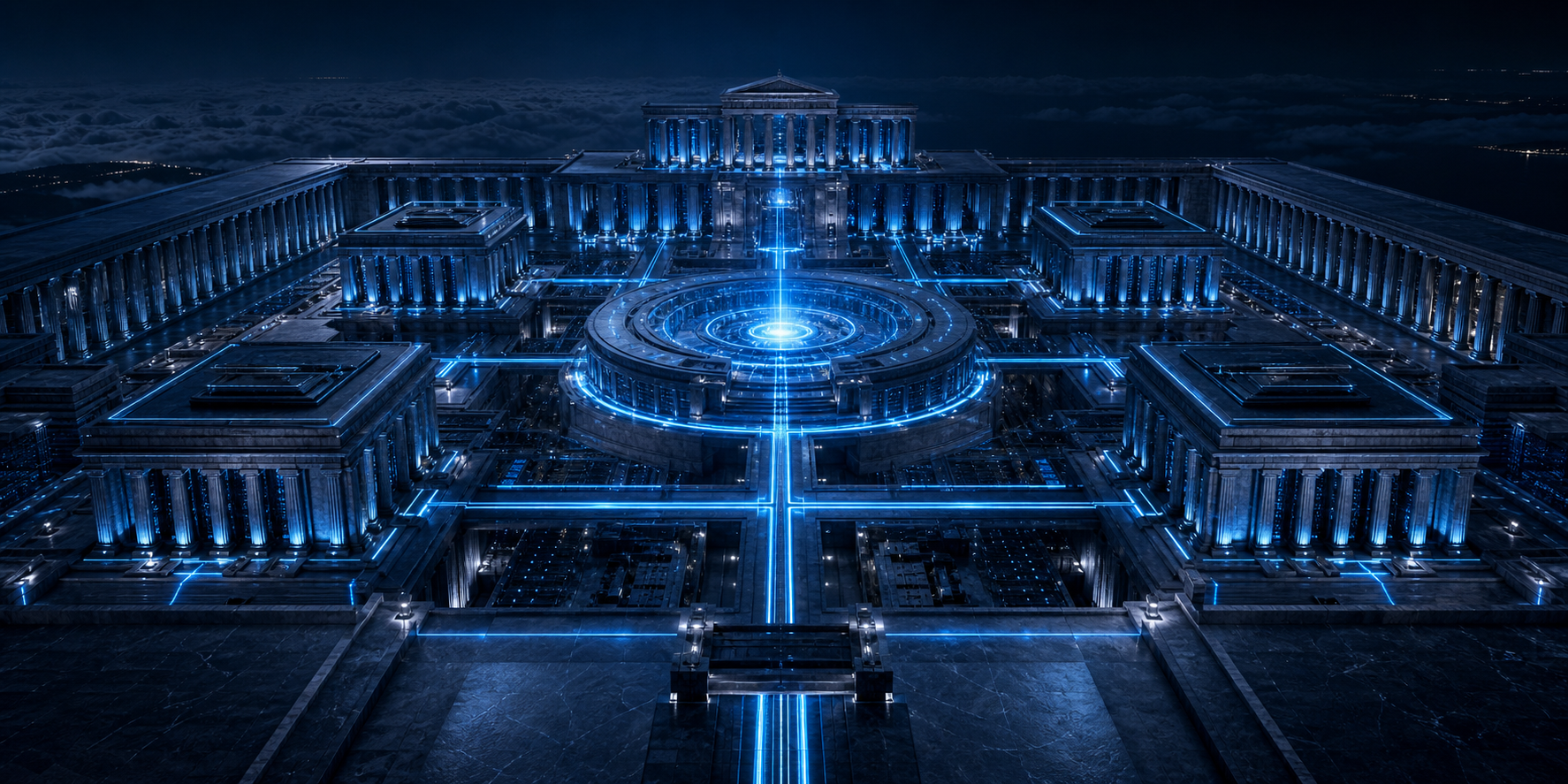 A vast neural acropolis connecting a network of AI systems